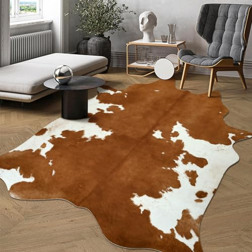 DweIke Premium Faux Cow Hide Rug Cowhide Area Rug, 4.6 x 5.2ft Animal Print Fur Rug Suitable for Bedroom Living Room, Western Decor Carpets for Dining Room Office, Animal Skin Area Rug, Yellow-Brown