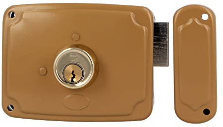 Amig - Cerradura de Sobreponer de Derecha con Palanca de Cierre y Lengüeta para Puertas de Madera Mod. 72PU 120 x 95 mm Pestillo con Cilindro Redondo Acero Dorado