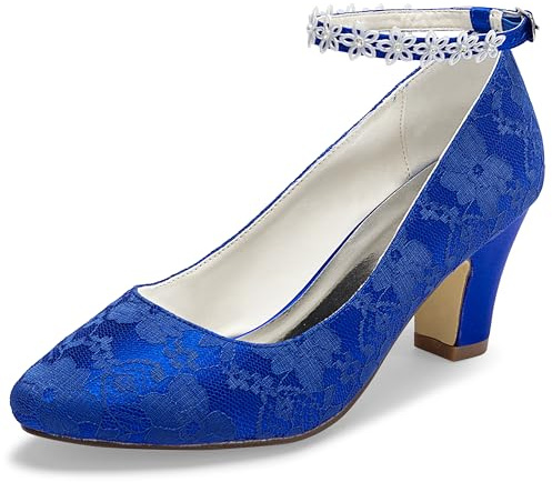 JIAJIA 62311A Kvinnor Brudskor Stängt Toe 7cm Tjock klack Spets Satäng Pumps Satäng Blomma Bröllopsskor Färg Blå,Storlek 37 EU (4 UK)