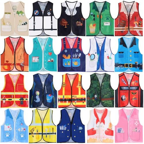 Haysandy 20 PCS Kids Dress Up Vest Community Helper Costumes Kids Role Play Career Cosplay Clothes for Toddlers Pretend and Play Halloween Costume Doctor Police Fireman Construction, Birthday Gifts