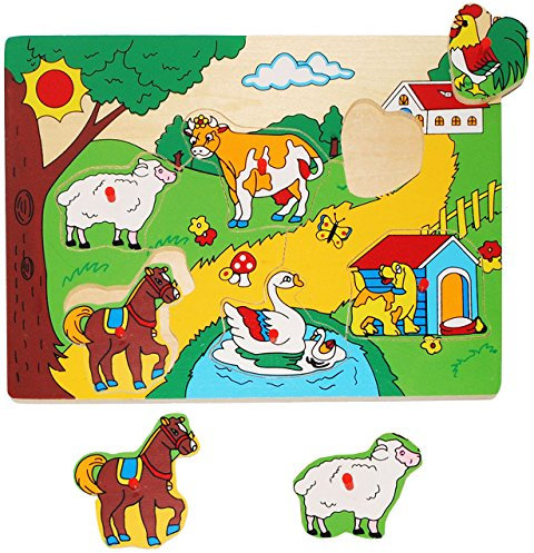 alles-meine.de GmbH Steckpuzzle mit Griffen - Haustiere & Bauernhof - aus Holz - 6 Teile - großes Holzpuzzle/Einlegepuzzle - Griff Legespiel - Rahmenpuzzle/Kinderpuzzle -..