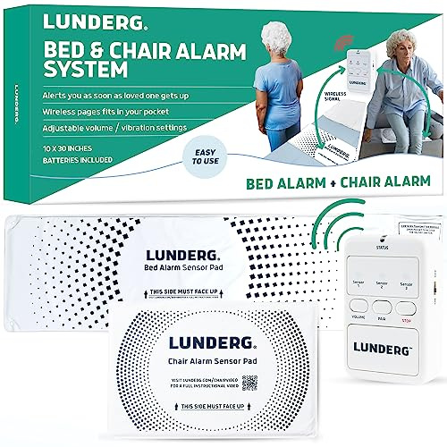 Lunderg Bed Alarm for Elderly Adults & Chair Alarm Set - Wireless Bed Sensor Pad (10” x 30”), Chair Sensor Pad & Pager - Alarms and Fall Prevention for Seniors & Dementia Patients - Full Caregiver Set