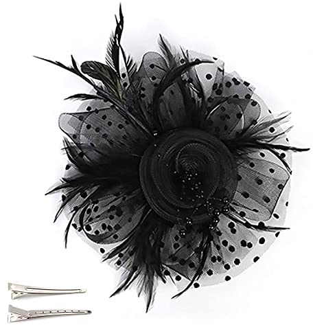 Norhogo Hut Blume Mesh Bänder Federn auf einem Stirnband und einem Forked Clip Cocktail Kopfbedeckung für haarreifen damen karneval, Party Kirche Hochzeit Cocktail Jockey Club für Frauen und Mädchen