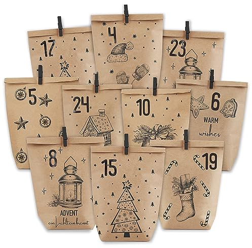 PANSIBY Adventskalender zum Befüllen, 24 Weihnachtskalender Papiertüten zum Selbstbefüllen, Geschenk Kraftpapiertüten Advents Tüten Selber Befüllen für Kinder Erwachsene