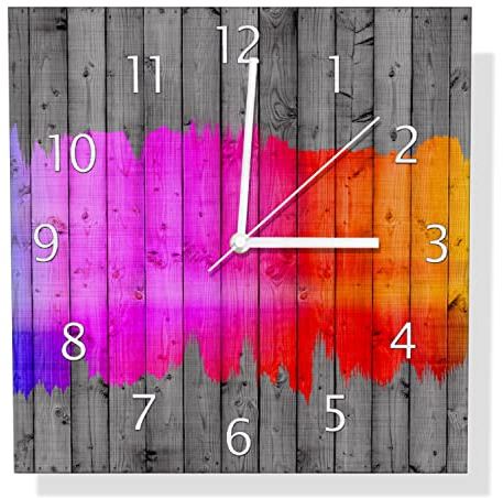 Wallario Design Wanduhr Holzpaneel - Bemaltes buntes Holz aus Aluverbund, Alu-Uhr Größe 30 x 30 cm, weiße Zeiger mit Metalloptik