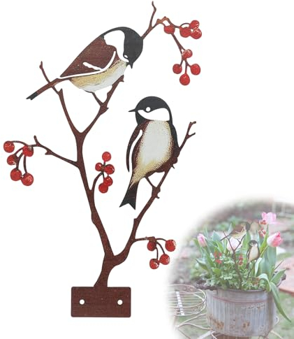 EDWINENE Metall Bemalte Vogel Gartendeko für Draußen, Garten Deko Rost Metall Vögel Gartenstecker für Garten, Balkon, Rasen