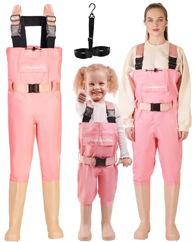 DaddyGoFish bröstvadare för barn och vuxna, fiske- och jaktvadare med en ficka och en vadarhängare, Rosa, Adult (M10/W12)