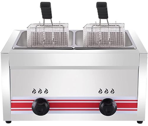 Friteuse à Gaz Commerciale Professionnelle, Friteuse Gpl En Acier Inoxydable, Puissance De Feu Réglable, Friteuse Grande Capacité, Avec Paniers Et Couvercle, Nettoyage Facile,Doublecylinder10l+10l