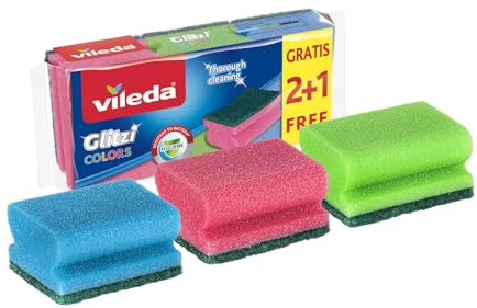 Vileda Esponja Vileda Glitzi Colors High Foam | Esponjas Coloridas | Altamente higiénicas | Excelente Poder de Limpieza | Tratamiento Antibacteriano | Elimina Suciedad sin Esfuerzo | Espuma abundante
