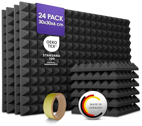 PolySound Pyramidenschaumstoff Akustikpaneele - 24 Stück 30x30x6cm, Akustikplatten mit Kleberolle zur einfachen Befestigung, Schallabsorber in Schwarz