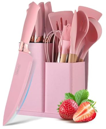 Justup Messerset mit Messerblock, Rosa Küchenmessersets mit block, 19 Teiligs Küchenutensilien mit 6 Messersets und 11 Silikon Pfannenwender, Antihaft Küchenhelfer Set mit Halter (Rosa)