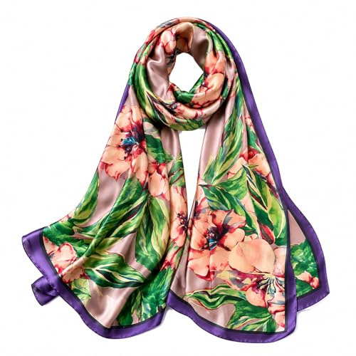 FAIRYGATE Scarfs for Women Lightweight Flower Print Large Silk Shawls Satin Scarf Womens Silky Like Hair Scarfs Sleeping Headscarf Gifts for Girl Lady 43038