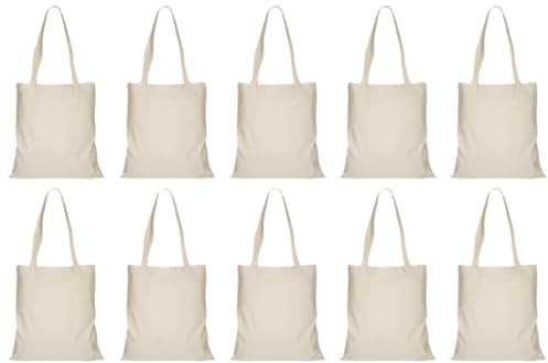 Kellegour Bolsa de Algodón 25 x 30 cm,10 Piezas Bag Fabricadas en Algodón Algodón Con Asas Largas,Sin Imprimir,Tote Bag Grande Reutilizable para Compra,Pintar,Almacenamiento de Frutas y Verduras