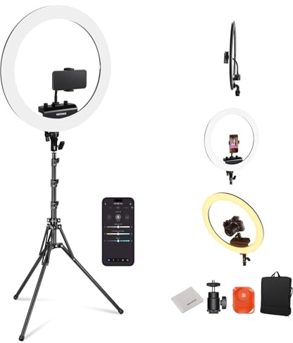 NEEWER RP18B Pro Ring Light 18 con Treppiede e Portatelefono Compatibile con iPhone, 45W 2900K-7000K Controllo App Panno di Pulizia, Luce per Selfie Registrazione Video Trucco Studio Streaming, Nero