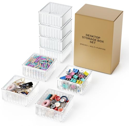 Clear Stackable Desk Organizer & Paper Clip Holder, 4 Pack - Small Desktop & Drawer Organizers for Paperclips, Binder Clips, Hair Ties, Jewelry, Pins, Multi-Purpose Storage for Office, Home & School
