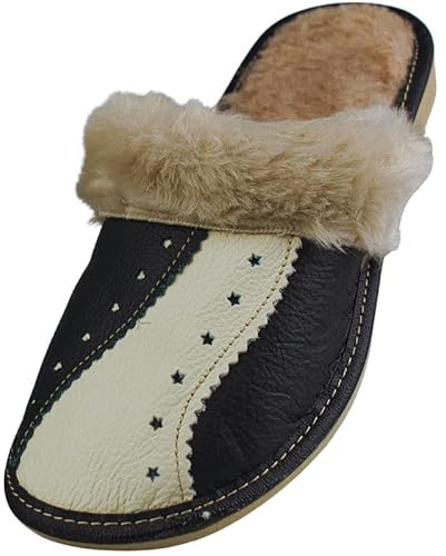 APREGGIO - Pantofole da Donna in Pelle Naturale - Ciabatte Foderate in Lana d’Agnello con Motivo a Stelle - Pantofole Calde e Antiscivolo per Casa - Taglia 36