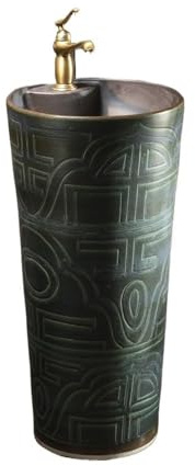 Lavandino a piedistallo Lavandino in ceramica con piedistallo, rubinetto e kit di scarico, lavabo da esterno in un unico pezzo for cortile