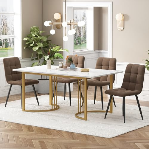 DUlVBPE Matgrupp (5 -TLG), matbord med 4 stolar, modernt köksbordsset, 140 × 80 cm köksbord med gyllene metallben, MDF-bordsskiva i vitt, brun sammet matstolar