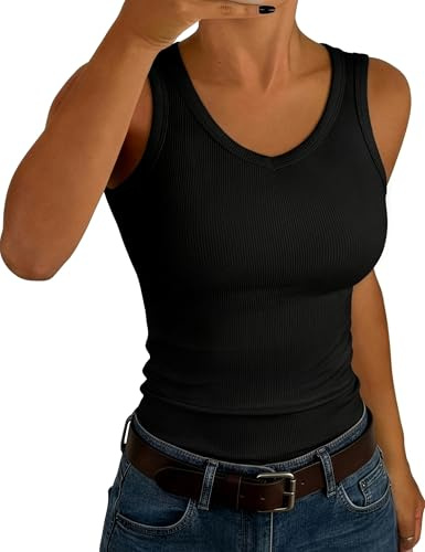 Aottori Débardeur Femme Col en V Haut sans Manches Côtelé Été Top Slim Uni | Doux et respirant, maille côtelée extensible, longueur couvrante, confort quotidien, idéal seul ou sous une veste