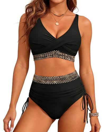 High Waisted Bikini Sets for Women Tummy Control Swimsuit 2-Piece – with Flattering Ruching & V-Neck, Adjustable & Removable Padded for Beach Vacation (UK, Alpha, L, Regular, Regular, Black)