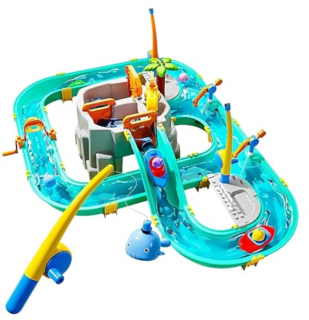 Relaxdays Wasserbahn Kinder, HBT: 71x71x101 cm, Outdoor, Wasserspielbahn, Boote & Angel, Wasserstraße, Kunststoff, bunt