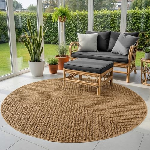 SIMPEX Outdoor Teppich Rund 200 cm Beige, Wetterfest Pflegeleicht, Jute Look Teppich für Garten Terrasse Wohnzimmer Esszimmer natürlicher Jute Look