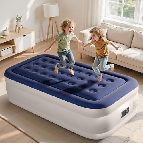 Bonnlo Colchón Hinchable con Bomba Integrada, Cama Inflable Doble con Superficie de Terciopelo, 190x99x45 cm, con Portavasos y Bolsa de Transporte, Colchón de Aire para Camping, Azul