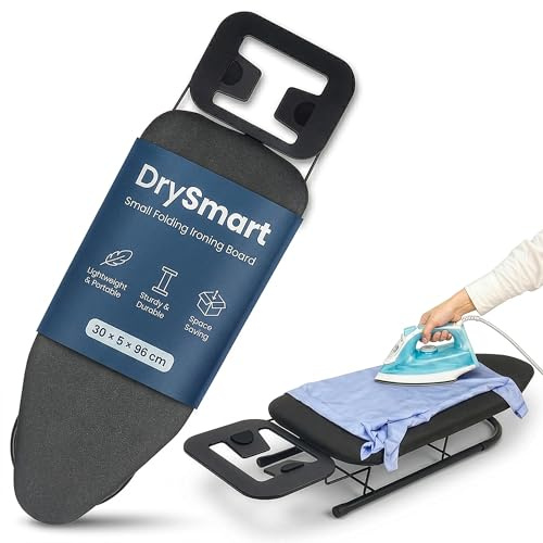DrySmart Asse da stiro da tavolo, piccolo tavolo pieghevole in ferro con copertura per asse da stiro, gambe antiscivolo, leggero e superficie compatta da 76 x 30 cm, facile da riporre per il bucato