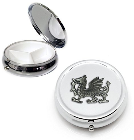 Pillendose mit walisischem Drachen aus Zinn, rund, silberfarben, silber, 3 compartment