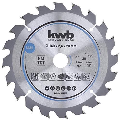 kwb 584557 Lama per seghe circolari per trucioli, legno/legno duro, 160 x 20 mm, tagli puliti, numero medio, 20 denti Z-20, lama per seghe CleanCut media, 160 x 20