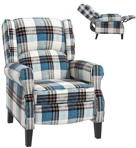 HOMCOM Wingback Reclining Armchair for Living Room, Pushback Recliner Chair with Footrest, Round Armrests and Rubber Wood Legs, Blue