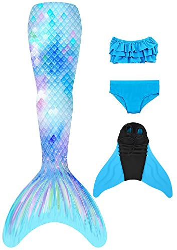 NAITOKE meerjungfrauenflosse mädchen Badeanzug - Meerjungfrau Flosse Bademode mit Bikini Set und Monoflosse Mermaid Tail, 4 Stück Set,POOU,150