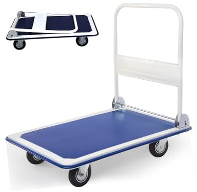 GYMAX Chariot à Plateforme Pliable, Chariot de Manutention à 4 Roues Silencieuses, Chariot de Transport Pliable, Charge Max 300 KG, Convient pour Garage, Bureau, Supermarché