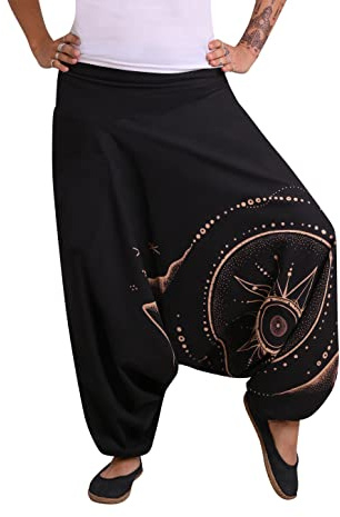 virblatt - Pantaloni Harem Uomo in Cotone | Cavallo Basso, Hippie, Etnici, Larghi, Turca Estivi - Sonnengeküsst Nero L-XL
