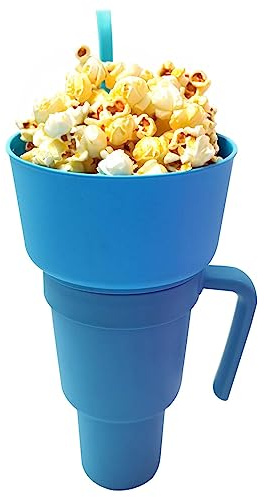 SHEETA 2-in-1 Snack and Drink Bowl With Straw, Stadium Tumbler Popcorn Cup for Travel Movie Night (Blue)