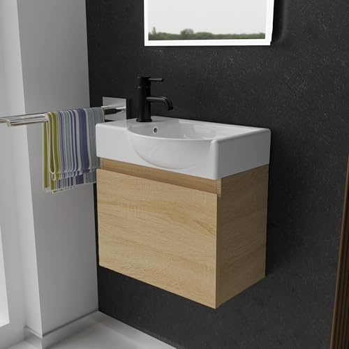 Alpenberger Waschtisch mit Unterschrank | Gäste WC Waschbecken Klein 45 cm Breit | Keramik Aufsatzwaschbecken Waschbeckenunterschrank | Badmöbel Set Hängend | Waschtischunterschrank Eiche Hell