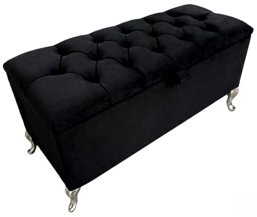 SK Ottoman Storage Box, Fabric Button Velvet Bench, Silver Legs, Black