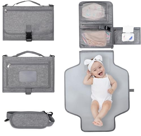 Bebamour Fasciatoio portatile con salviettine tascabili da viaggio con cuscino per la testa per neonati impermeabile pannolini fasciatoio essenziali per neonati,Grey