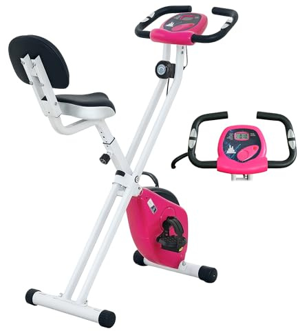 HOMCOM Vélo d'Appartement Magnétique Pliable - Collaboration Aosom.fr x FFHandball - Vélo de Fitness en X Silencieux pour Sport Maison et Cardio-training - Écran LCD & Capteur Pouls, Rose