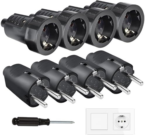8 Stück Schuko Stecker Kupplung, Schutzkontaktstecker, Flammschutzmittel IP44 Stromstecker Schutzkontakt Set, Europa Schuko Stecker für 8-10mm Kabel, 250V (16A) , Kabelsteckers für Außenbereich