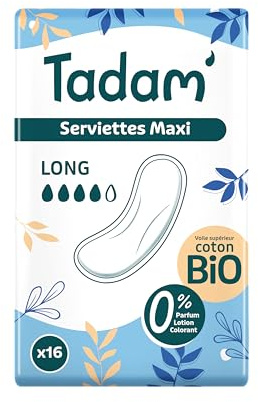 TADAM’ - Serviettes Hygiéniques Dermo-Sensitives - Protections Hygiéniques Femme Ultra Fines avec Ailettes - Flux Long - Extra Absorbantes - A base de Coton Bio - Confort Jour et Nuit - Format Maxi