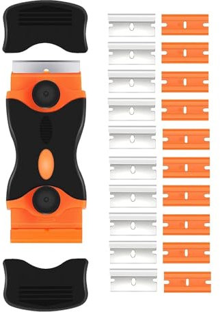 Double Edged Glass Scraper for Cleaning – Razor Blade Scraper with 10 Metal + 10 Plastic Blades, Super Scraper Tool Non Scratch for Window, Ceramic Hob, Oven, Cooktop, Sticker or Paint Removal