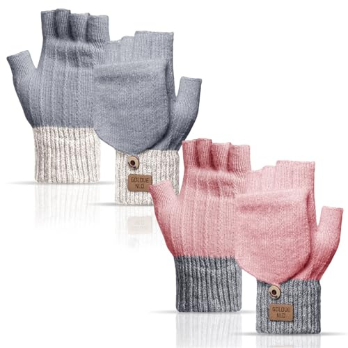 Tolaler 2 Paia Guanti Invernali per Donna Uomo Senza Mezze Dita Termici Guanti Convertibili in Maglia Touch Screen Flip Top Caldi Pile Lavoro All'Aperto Sport Conduzione Unisex Grigio Chiaro