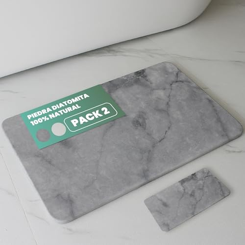 livida Alfombra Diatomita Baño 39x60cm Set de 2 Piezas Secado Rápido y Antideslizante para Baño Incluye Alfombrilla 8x10cm Ideal para Jabonera Piedra Natural Antibacterial Diatomita 100%