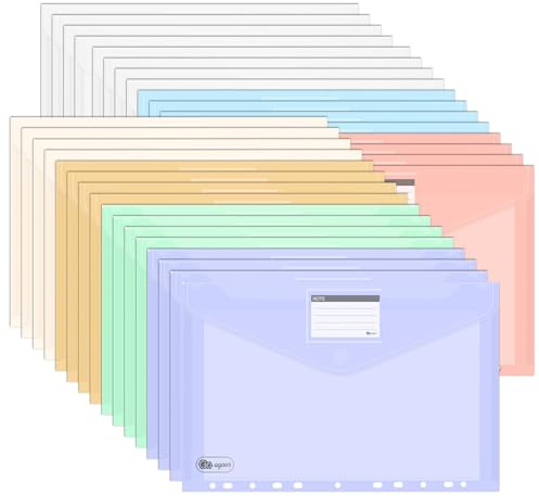 Agoer 32 Pochettes Plastique Transparent A4+ avec Fermeture - 7 Couleurs Assorties avec 11 Trous - Pochette Perforée A4 Translucide de180 Microns avec Poches pour étiquettes - Pour la Maison, le école