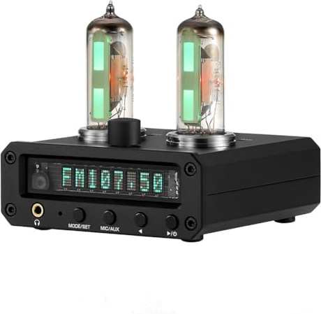 Fangxuee Preamplificador de Auriculares Estéreo P2-FM Magic 6E2 con Indicador de de Sonido, Radio FM, Reloj VFD y Enchufe Europeo. EU Plug