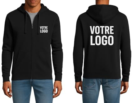 Veste zippée à capuche personnalisable – Sweat noir unisexe homme femme avec logo, prénom ou texte – Idée cadeau ou tenue d’entreprise (FR/ES, Alpha/lettres, TG, Taille normale, Taille normale, NOIR)