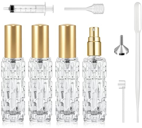 Qufiiry 4 Piezas * 10 ml Mini Atomizador Perfume Recargable, Envase de Perfume Portátil con Boquilla Precisa y 5 Accesorios, Pulverizador Pequeño para Oficina, Avión o Día a Día