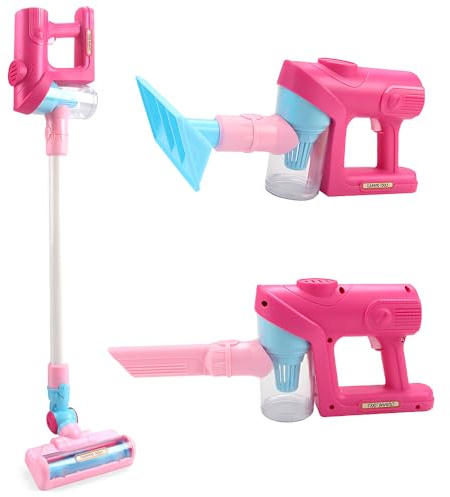 Aspiradora Juguete Que Aspira, SGZIOO Aspiradora con 3 Cabezas y música, Sonido Realista, con función de succión Real, Set Limpieza Juguete de imitación (para niñas y niños) — Rosa