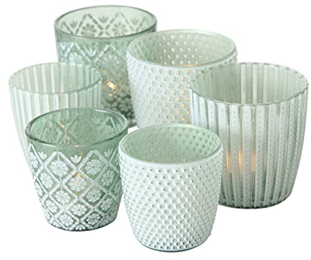 Seaside No.64 - Windlicht-Set 6 teilig aus Glas 7-9cm - Teelichthalter für Romantisches Ambiente - Kerzenständer mit 3 Designs in je 2 Größen - Retro Kristall Ornamente - (Grün, Set)